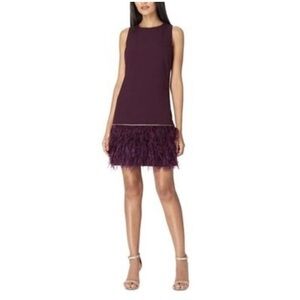 Tahari Bordeaux Sleeveless Feather Trim Dress. Size 12. Perfect!